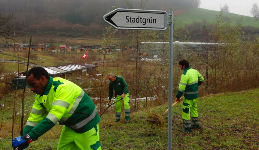 Mitarbeiter von Stadtgrün Luzern vor dem bereits umbenannten Wegweiser an der Riedstrasse am Rotsee. Bilder: Stadt Luzern
