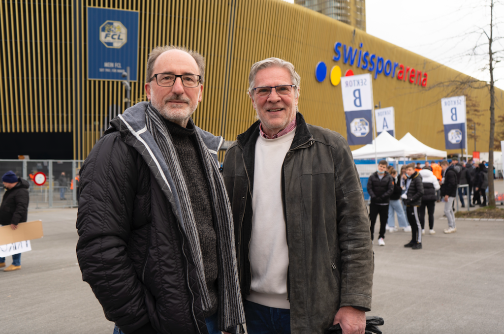 René Baumgartner (links) fant für den FCL, Jeannot Wey wünscht sich einen Sieg für den FCB.
